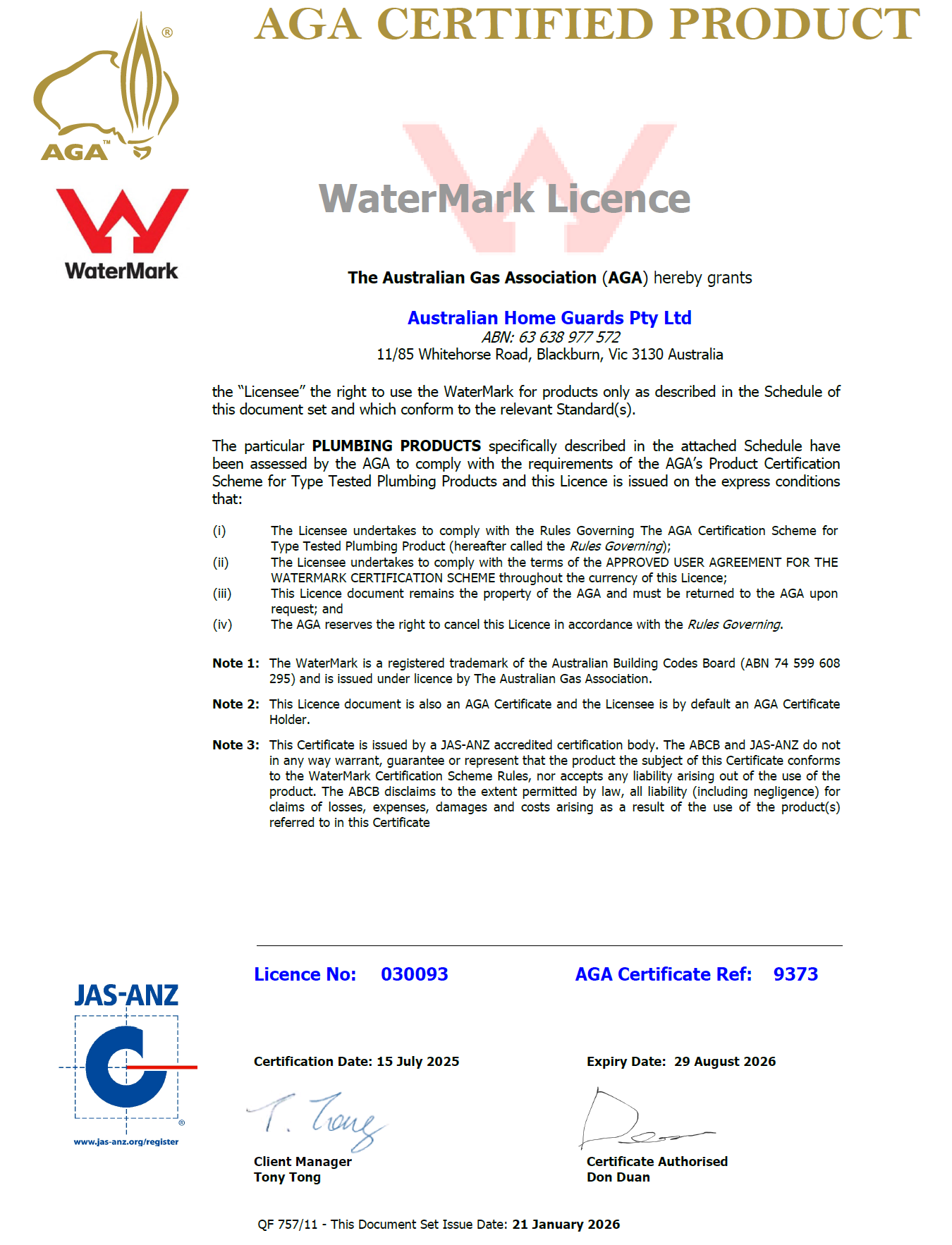 HG PureWater WaterMark certificate