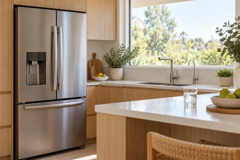 Kitchen with refrigerator water dispenser and drinking-water tap — AI-generated illustration.