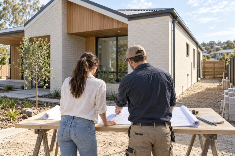 Illustrative scene of a homeowner and builder reviewing plans beside a new home before landscaping is completed