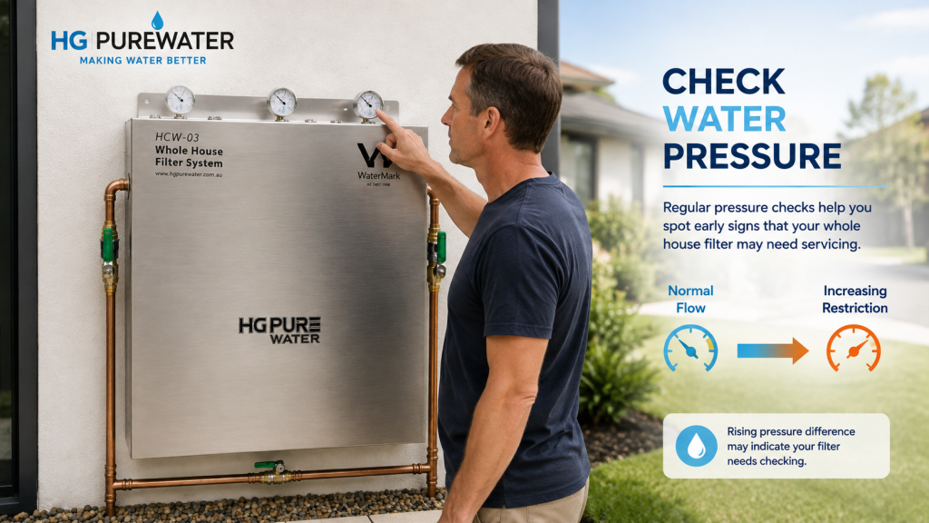Homeowner checking pressure gauges for signs a whole-house water filter needs replacing