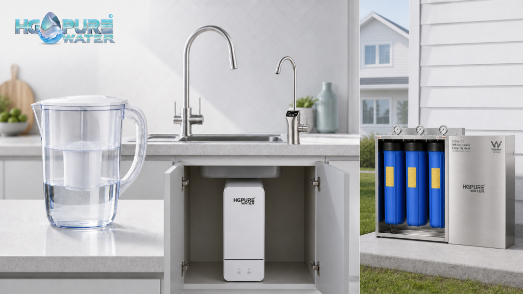 Comparison of a water filter jug, HGH-24 under-sink RO system and HGW-03 whole-house water filter
