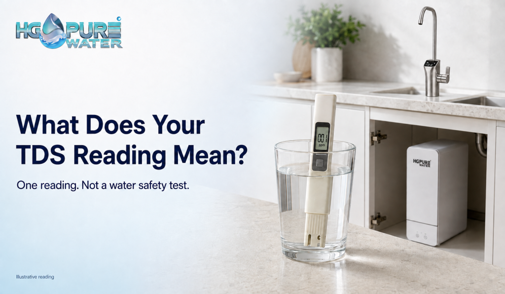 Illustrative TDS meter reading of 001 ppm beside an HG PureWater under-sink RO system; TDS does not establish water safety.