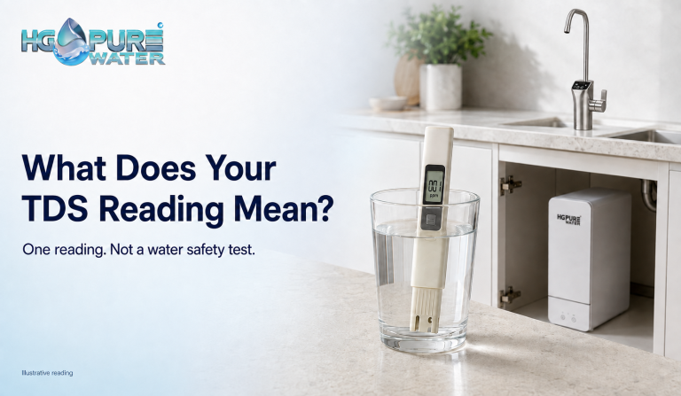 Illustrative TDS meter reading of 001 ppm beside an HG PureWater under-sink RO system; TDS does not establish water safety.