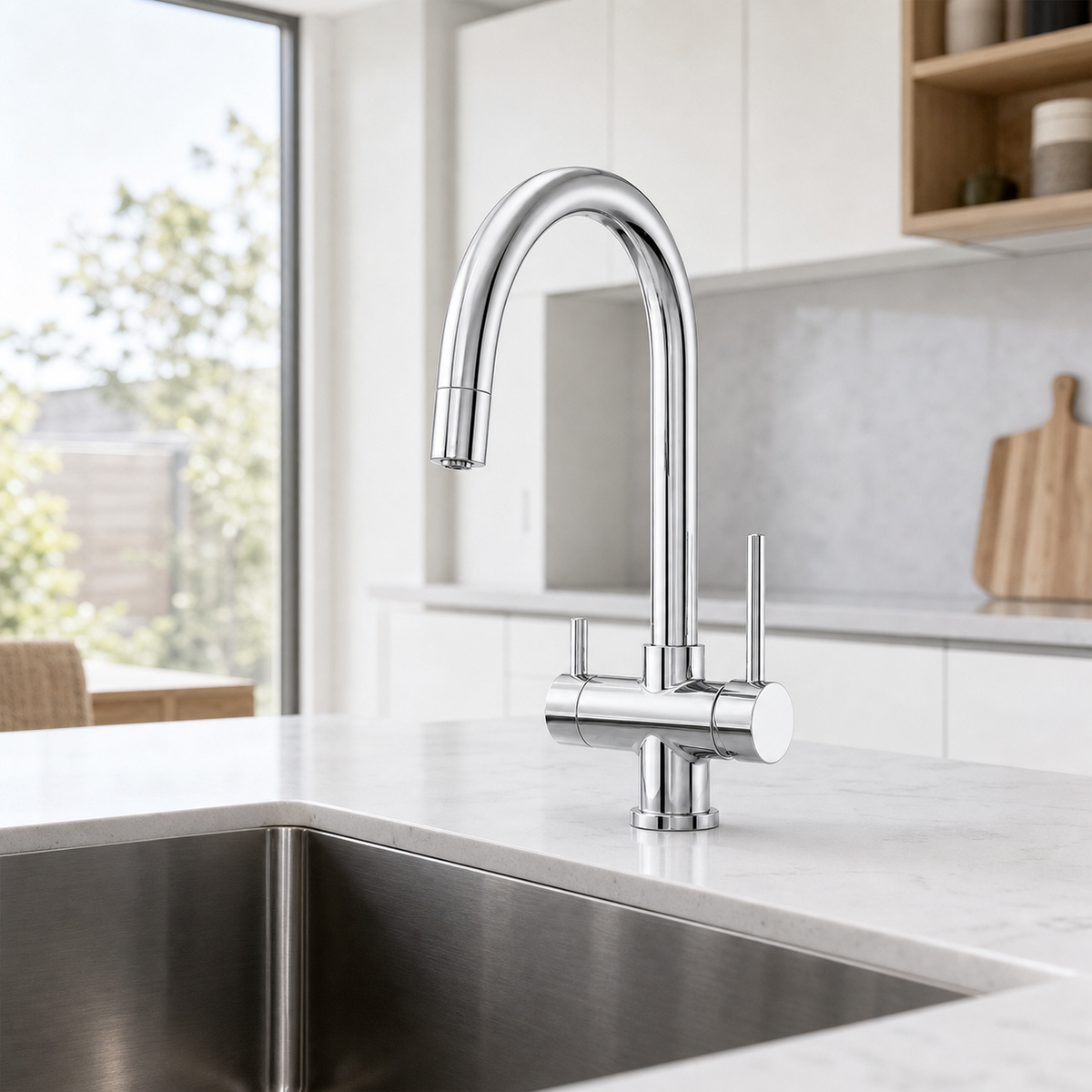Chrome HG three-way mixer tap beside a kitchen sink