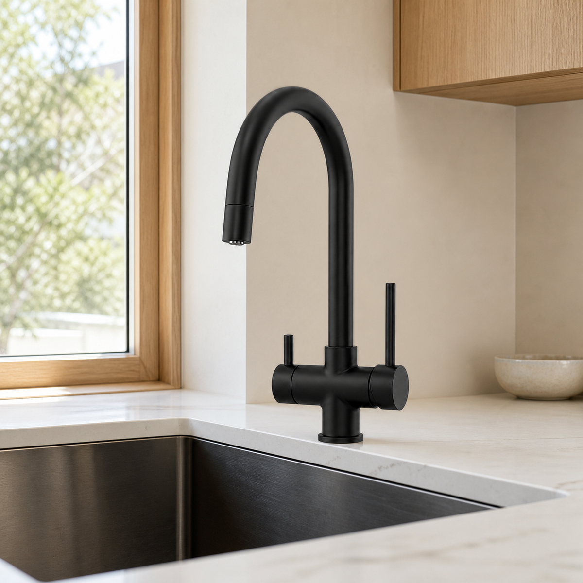 Matte-black HG three-way mixer tap beside a kitchen sink