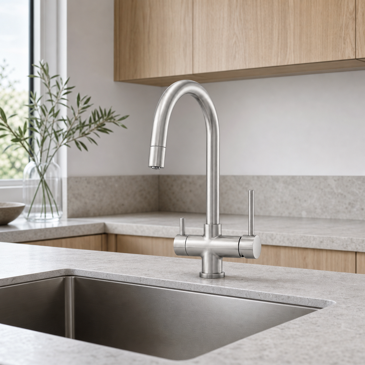 Brushed-metal HG three-way mixer tap beside a kitchen sink
