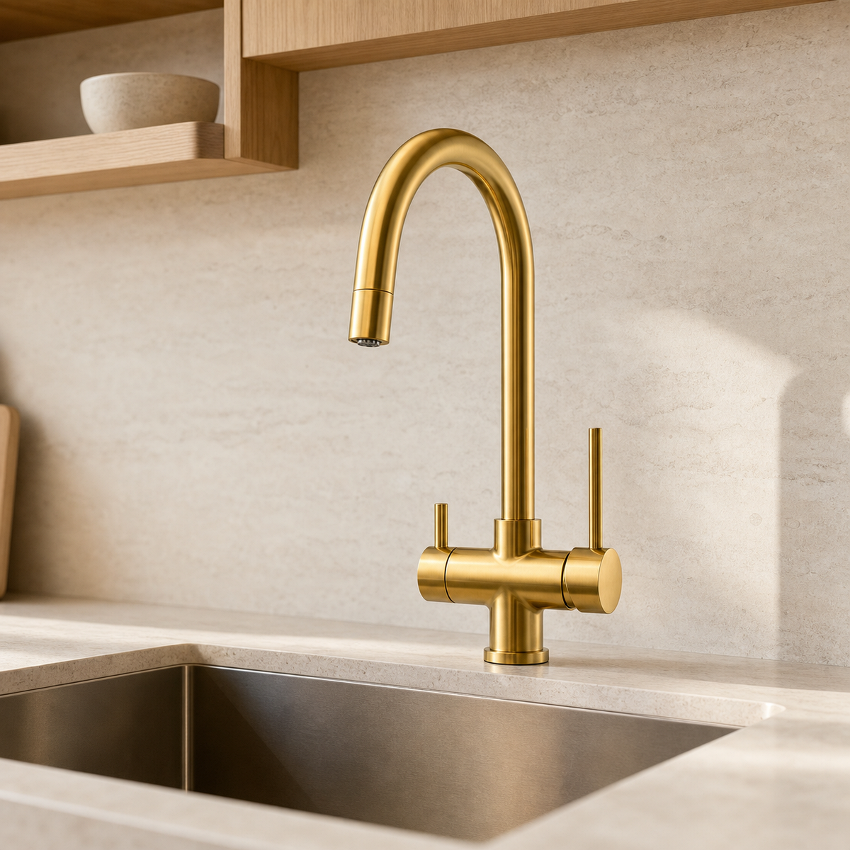 Gold-finish HG three-way mixer tap beside a kitchen sink