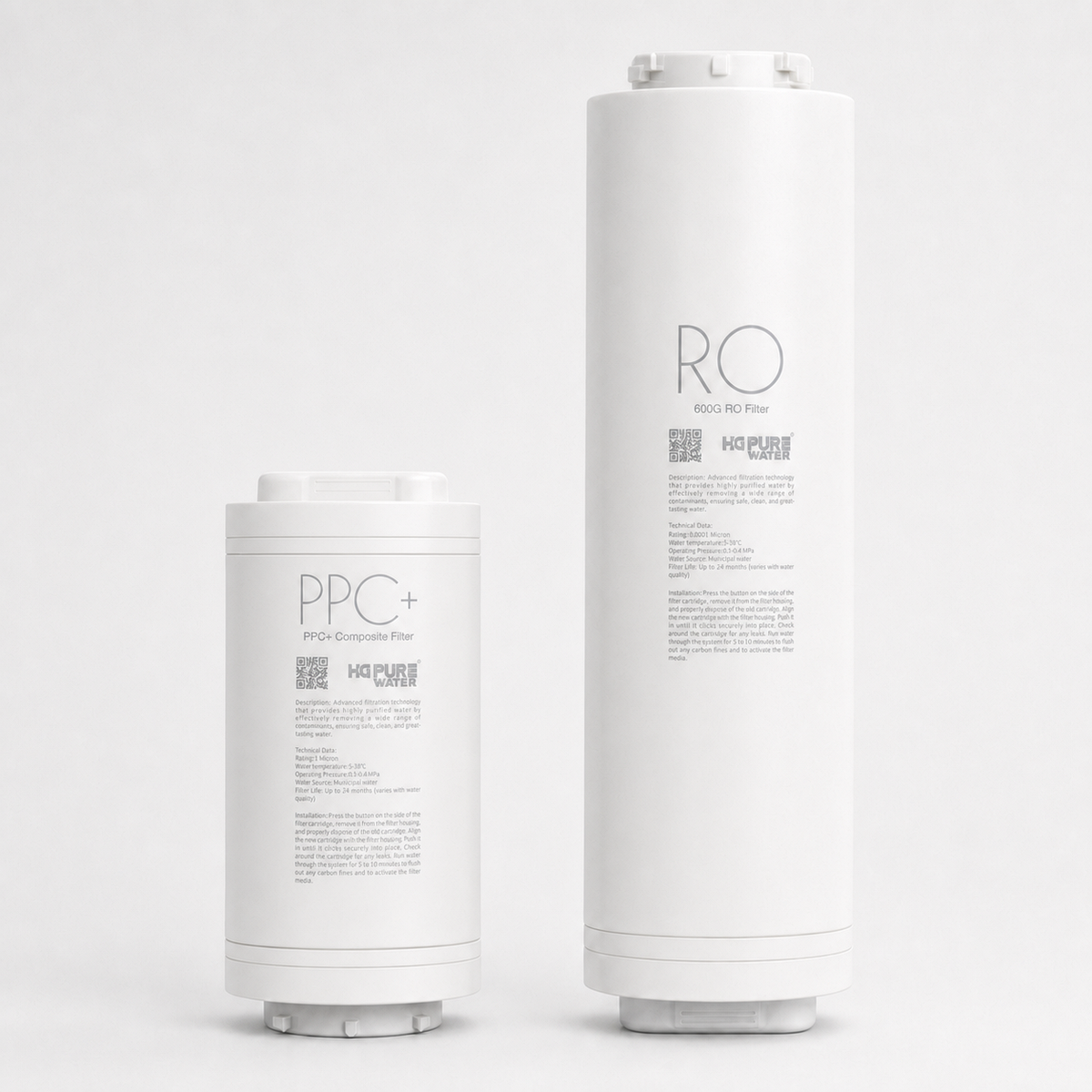 Front view of HGH-26 PPC+ and RO replacement cartridges