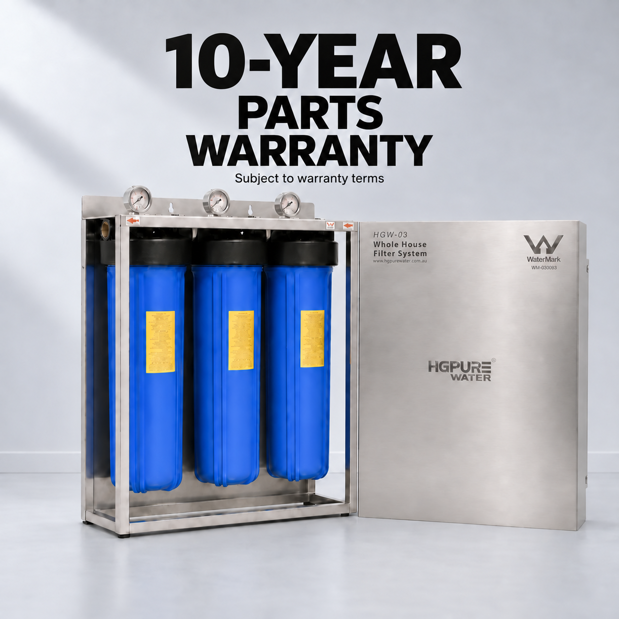 HG PureWater HGW-03 whole-house filtration system with 10-year parts warranty, subject to warranty terms